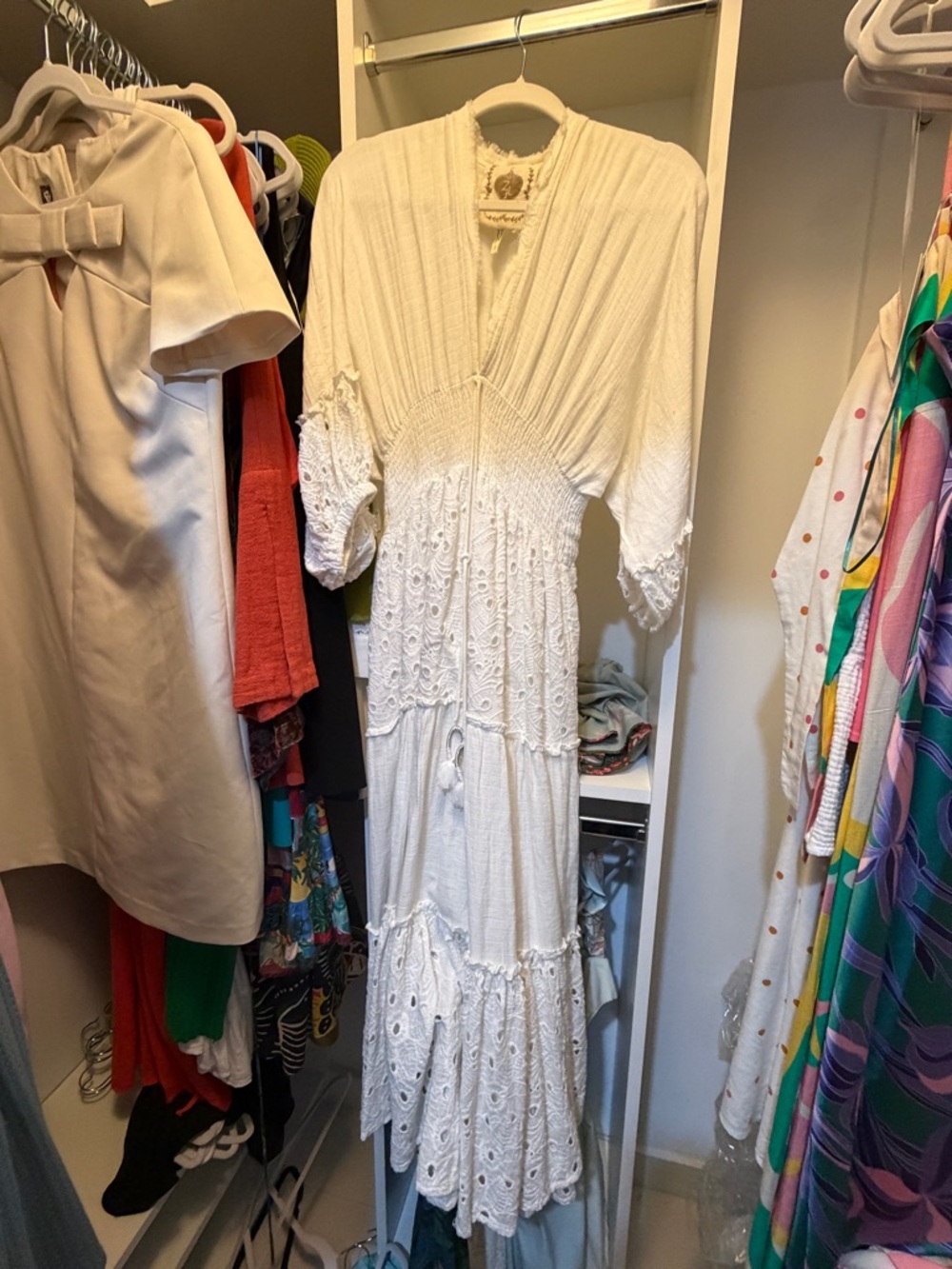White Eyelet Tiered Maxi Dress with V-Neck
